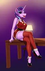 Size: 1400x2200 | Tagged: safe, artist:kpapwiss, derpibooru import, starlight glimmer, anthro, plantigrade anthro, unicorn, clothes, crossed legs, female, image, jpeg, looking at you, open mouth, open smile, shoes, simple background, sitting, smiling, solo