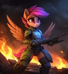 Size: 704x768 | Tagged: safe, ai content, machine learning generated, ponerpics import, ponybooru import, prompter:hellfire, scootaloo, anthro, pegasus, series:legion, fantasy, fire, image, jpeg, science fiction, war, weapon, young