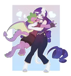 Size: 2453x2635 | Tagged: safe, artist:peachmayflower, derpibooru import, rarity, spike, anthro, dragon, unguligrade anthro, unicorn, clothes, duo, duo male and female, eyes closed, female, fingerless gloves, g4, glasses, gloves, high res, hug, image, jpeg, leonine tail, male, passepartout, shipping, sparity, straight, tail, tongue out