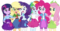 Size: 828x429 | Tagged: safe, artist:anayahmed, derpibooru import, applejack, fluttershy, pinkie pie, rainbow dash, rarity, twilight sparkle, equestria girls, applejack's clothes, belt, clothes, clothes swap, cowboy hat, fluttershy's clothes, hat, image, jacket, mane six, pinkie pie's clothes, png, rainbow dash's clothes, rarity's clothes, shirt, simple background, skirt, transparent background, twilight sparkle's clothes, vest