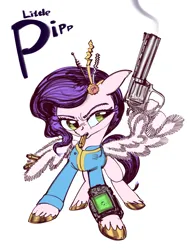 Size: 3000x4000 | Tagged: safe, artist:ja0822ck, derpibooru import, pipp petals, pegasus, pony, fallout equestria, g5, female, gun, handgun, image, mare, namesake, pipboy, png, pun, revolver, simple background, solo, visual pun, weapon, white background, wing hands, wing hold, wings