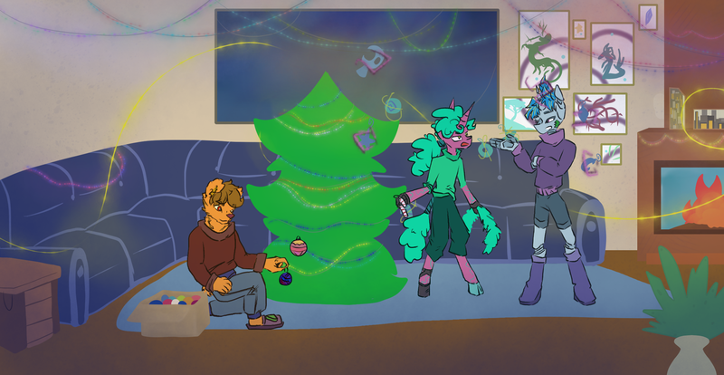 Size: 2447x1265 | Tagged: safe, artist:destiny_manticor, derpibooru import, oc, oc:beray geromes, oc:flumine carcad, oc:nei zin, unofficial characters only, android, anthro, bear, pony, robot, unicorn, amputee, christmas, christmas lights, christmas tree, clothes, digital art, female, fireplace, fluffy hair, furry, furry oc, holiday, image, looking at someone, magic, male, png, prosthesis, prosthetic limb, prosthetics, robotic arm, tree