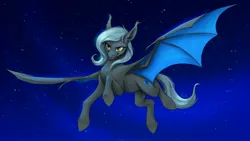 Size: 4096x2304 | Tagged: safe, artist:klarapl, derpibooru import, oc, oc:stardust shine, unofficial characters only, bat pony, pony, bat pony oc, bat wings, commission, flying, image, jpeg, night, smiling, solo, spread wings, stars, wings