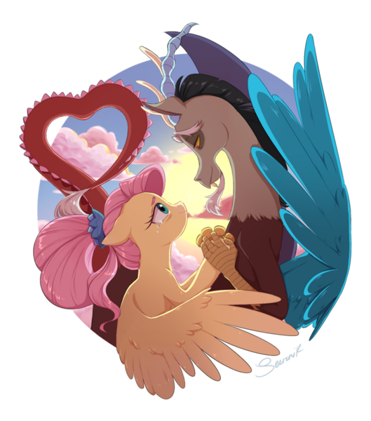 Size: 3000x3404 | Tagged: safe, artist:seurniksroom, derpibooru import, discord, fluttershy, the last problem, cloud, discoshy, duo, duo male and female, female, flower, flower in hair, heart, heart shaped, high res, holding hands, image, looking at each other, looking at someone, male, older, older fluttershy, png, shipping, signature, simple background, spread wings, straight, sunlight, teary eyes, transparent background, wings