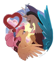 Size: 3000x3404 | Tagged: safe, artist:seurniksroom, derpibooru import, discord, fluttershy, the last problem, cloud, discoshy, duo, duo male and female, female, flower, flower in hair, heart, heart shaped, high res, holding hands, image, looking at each other, looking at someone, male, older, older fluttershy, png, shipping, signature, simple background, spread wings, straight, sunlight, teary eyes, transparent background, wings