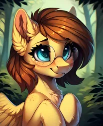 Size: 2304x2816 | Tagged: prompter needed, safe, ai content, derpibooru import, machine learning generated, oc, oc:yuris, unofficial characters only, pegasus, pony, bust, derpibooru exclusive, ears up, female, forest, glasses, high res, image, lies, nature, png, portrait, smiling, solo, tree