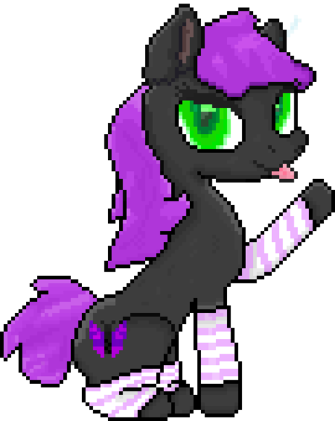 Size: 900x1130 | Tagged: safe, artist:kilgorio, derpibooru import, oc, oc:lucy violetmane, unofficial characters only, earth pony, pony, derpibooru community collaboration, 2024 community collab, :p, aseprite, boop, clothes, crossdressing, cute, derpibooru exclusive, eyelashes, eyeshadow, femboy, full body, green eyes, image, looking at you, makeup, male, pixel art, png, pony ears, purple hair, purple mane, purple tail, simple background, smiling, socks, solo, stallion, striped socks, tail, tongue out, transparent background