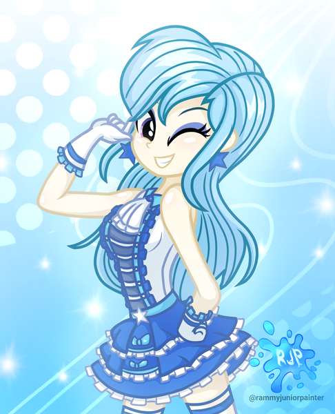 Size: 2015x2490 | Tagged: safe, artist:rjp.rammy, derpibooru import, oc, oc:whitney warmheart, equestria girls, clothes, dress, female, gloves, high res, image, one eye closed, png, shirt, solo, wink