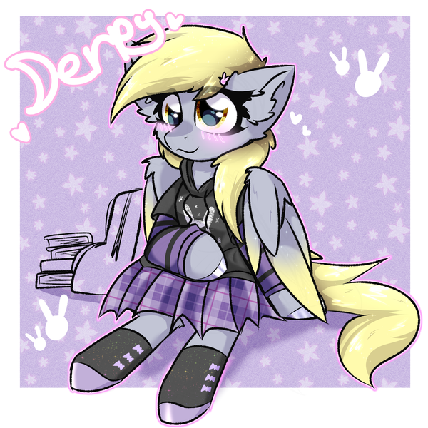 Size: 2000x2000 | Tagged: safe, artist:jubyskylines, derpibooru import, derpy hooves, pegasus, pony, abstract background, blushing, book, clothes, colored wings, ear fluff, female, g4, gradient wings, hoodie, image, mare, png, shoes, sitting, skirt, smiling, solo, wings