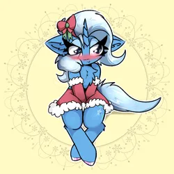 Size: 2000x2000 | Tagged: safe, artist:jubyskylines, derpibooru import, trixie, pony, unicorn, abstract background, blushing, bow, chest fluff, christmas, ear fluff, female, front view, g4, hair bow, holiday, image, lidded eyes, mare, png, sitting, solo