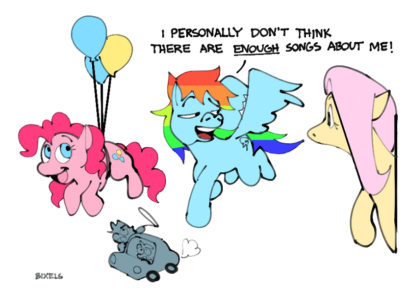 Size: 868x624 | Tagged: safe, artist:bixels, derpibooru import, applejack, fluttershy, pinkie pie, rainbow dash, twilight sparkle, earth pony, pegasus, pony, unicorn, balloon, car, dialogue, female, floating, image, lasso, mare, png, rope, signature, simple background, speech bubble, the muppet movie, the muppets, then watch her balloons lift her up to the sky, unicorn twilight, white background