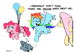 Size: 868x624 | Tagged: safe, artist:bixels, derpibooru import, applejack, fluttershy, pinkie pie, rainbow dash, twilight sparkle, earth pony, pegasus, pony, unicorn, balloon, car, dialogue, female, floating, image, lasso, mare, png, rope, signature, simple background, speech bubble, the muppet movie, the muppets, then watch her balloons lift her up to the sky, unicorn twilight, white background