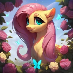 Size: 1024x1024 | Tagged: safe, ai content, derpibooru import, machine learning generated, prompter:lunarbeat2, stable diffusion, fluttershy, butterfly, insect, pegasus, pony, female, flower, generator:pony diffusion v6 xl, generator:purplesmart.ai, happy, image, mare, outdoors, png, rose, smiling, solo