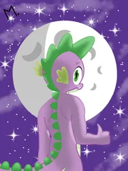 Size: 1620x2160 | Tagged: safe, artist:moralito, derpibooru import, spike, anthro, dragon, alternate design, alternate universe, back, cloud, g4, green eyes, image, looking at you, looking back, looking back at you, moon, night, png, rear view, smiling, solo, stars, tail, thumbs up