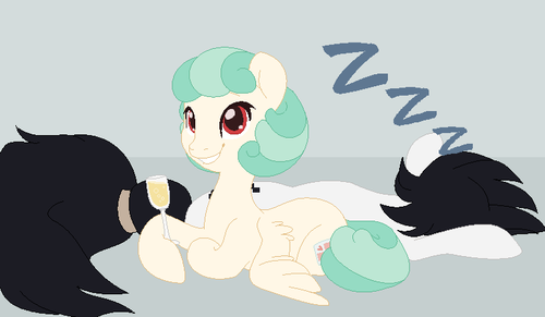 Size: 500x291 | Tagged: safe, artist:asknursenimble, derpibooru import, oc, oc:nurse nimble, oc:thegamercolt, pegasus, pony, champagne glass, female, image, lying down, male, mare, png, prone, sleeping, stallion, tumblr:ask nurse nimble