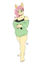 Size: 572x852 | Tagged: suggestive, artist:0ndshok, derpibooru import, fluttershy, human, blushing, breasts, busty fluttershy, cleavage, clothes, eared humanization, female, heart, heart eyes, humanized, image, png, pony coloring, signature, simple background, solo, solo female, sweater, sweater dress, sweatershy, white background, wingding eyes