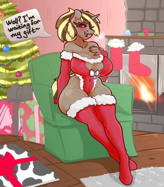 Size: 1619x1843 | Tagged: suggestive, artist:slavedemorto, derpibooru import, oc, oc:tall tale, unofficial characters only, anthro, pony, unguligrade anthro, unicorn, bedroom eyes, big breasts, blushing, breasts, christmas, christmas outfit, christmas stocking, christmas tree, cleavage, clothes, dialogue, evening gloves, female, fingerless elbow gloves, fingerless gloves, gloves, holiday, huge breasts, image, long gloves, mare, png, socks, solo, solo female, speech bubble, stockings, talking to viewer, thigh highs, tree, wide hips