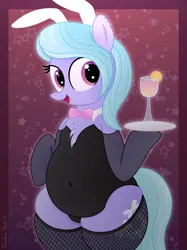 Size: 3016x4032 | Tagged: safe, artist:rainbowšpekgs, derpibooru import, flitter, pegasus, pony, belly, belly button, bipedal, bowtie, bunny ears, bunny suit, chest fluff, chubby, clothes, drink, female, fishnets, g4, image, mare, open mouth, open smile, png, smiling, stars