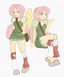 Size: 852x1024 | Tagged: safe, artist:mr_chett0s, derpibooru import, fluttershy, human, arm behind back, bag, clothes, dress, eared humanization, humanized, image, jpeg, leg warmers, looking at you, messenger bag, pony coloring, simple background, sitting, solo, white background, winged humanization, wings