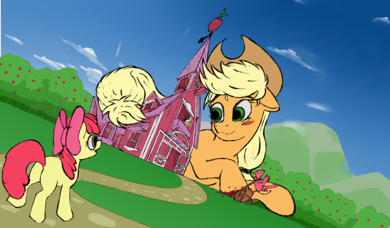 Size: 10000x5868 | Tagged: safe, artist:depanovv, derpibooru import, apple bloom, applejack, big macintosh, granny smith, earth pony, pony, absurd resolution, apple, apple family, blank flank, blushing, butt, female, floppy ears, food, giant pony, giantess, grass, green eyes, hat, image, lying, macro, plot, png, size difference, smiling, sweet apple acres