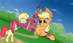 Size: 10000x5868 | Tagged: safe, artist:depanovv, derpibooru import, apple bloom, applejack, big macintosh, granny smith, earth pony, pony, absurd resolution, apple, apple family, blank flank, blushing, butt, female, floppy ears, food, giant pony, giantess, grass, green eyes, hat, image, lying, macro, plot, png, size difference, smiling, sweet apple acres