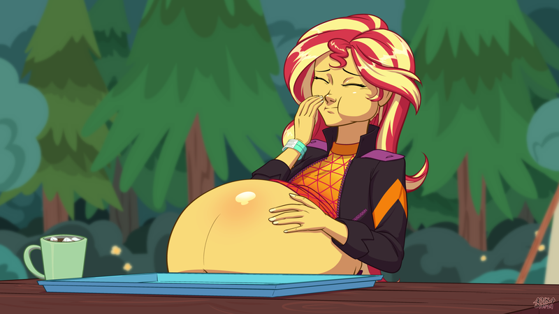 Size: 2560x1440 | Tagged: suggestive, artist:a0iisa, derpibooru import, sunset shimmer, equestria girls, equestria girls series, wake up!, spoiler:eqg series (season 2), belly, big belly, bloated, bracelet, cheek bulge, chocolate, clothes, eyes closed, female, food, hot chocolate, image, jacket, jewelry, png, stuffed, stuffed belly, table, tray, tree, wake up!: pinkie pie
