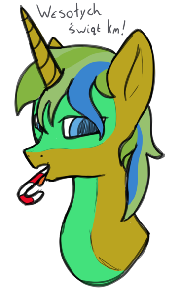 Size: 1016x1660 | Tagged: suggestive, artist:eklipsethepony, derpibooru import, oc, oc:hard sprocket, unofficial characters only, pony, unicorn, candy, christmas, food, holiday, horn, image, png, polish, solo, tongue out, unicorn oc