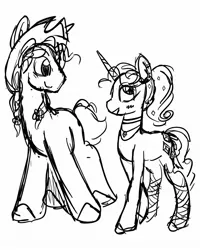 Size: 1440x1800 | Tagged: safe, artist:ivydapple, derpibooru import, applejack, rarity, earth pony, pony, unicorn, alternate hairstyle, applejack's hat, black and white, braid, braided pigtails, cowboy hat, female, grayscale, hat, image, jewelry, jpeg, lesbian, mare, monochrome, necklace, pigtails, ponytail, rarijack, shipping, simple background, sketch, smiling, white background