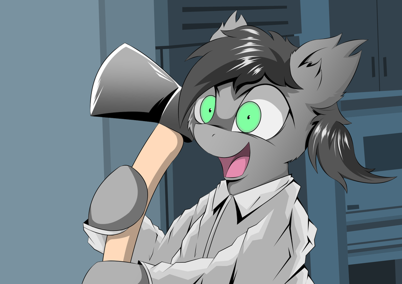 Size: 1700x1200 | Tagged: safe, artist:hovawant, derpibooru import, oc, oc:hovawant, unofficial characters only, bat pony, pony, american psycho, axe, bipedal, image, insanity, movie reference, open mouth, open smile, patrick bateman, png, raincoat, smiling, weapon