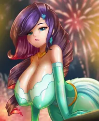 Size: 1475x1800 | Tagged: suggestive, artist:fenrox, derpibooru import, rarity, human, balcony, big breasts, breasts, busty rarity, cleavage, clothes, dress, ear piercing, earring, erect nipples, evening gloves, female, fireworks, gloves, hairclip, happy new year 2024, huge breasts, humanized, image, jewelry, jpeg, long gloves, looking at you, necklace, nipple outline, piercing, solo, solo female