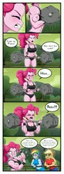 Size: 1908x5175 | Tagged: safe, artist:ameliacostanza, derpibooru import, applejack, pinkie pie, rainbow dash, equestria girls, 4 panel comic, applejacked, belly button, comic, dialogue, exercise, female, g4, image, jpeg, muscle growth, muscles, pinkie pump, rainbuff dash