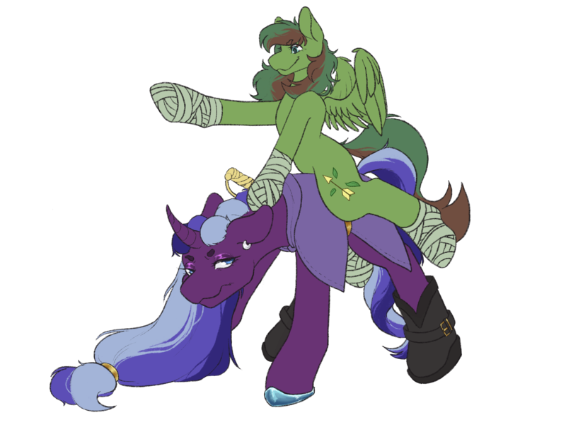 Size: 2732x2048 | Tagged: safe, artist:snows-undercover, derpibooru import, oc, oc:black kraken pearl, oc:windy barebow evergreen, unofficial characters only, pegasus, pony, unicorn, derpibooru community collaboration, 2024 community collab, annoyed, boots, clothes, coat, curved horn, duo, ear piercing, earring, female, hoof wraps, horn, image, jewelry, mare, multicolored hair, piercing, piggyback ride, pirate, png, ponies riding ponies, riding, shoes, simple background, size difference, sword, transparent background, unamused, unshorn fetlocks, weapon, wrist wraps