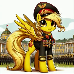Size: 4096x4096 | Tagged: safe, ai content, derpibooru import, machine learning generated, prompter:dhayi, oc, unnamed oc, human, pegasus, pony, absurd resolution, clothes, derpibooru exclusive, g4, generator:bing image creator, image, jpeg, medal, military, military uniform, palace, soldier, soviet, uniform, yellow eyes, yellow mane