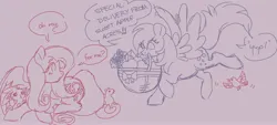 Size: 4096x1850 | Tagged: safe, artist:arxielle, derpibooru import, angel bunny, derpy hooves, fluttershy, bird, pegasus, pony, rabbit, squirrel, animal, apple, basket, bouquet, delivery, delivery pony, dialogue, female, flower, food, image, implied big macintosh, implied fluttermac, implied shipping, implied straight, jpeg, letter, lying down, male, mare, mouth hold, prone, sketch, speech bubble, trio