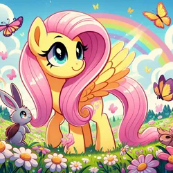 Size: 1024x1024 | Tagged: safe, ai content, derpibooru import, machine learning generated, fluttershy, butterfly, insect, pegasus, rabbit, animal, female, flower, image, jpeg, nature, outdoors, prompter:meshari7, rainbow, solo