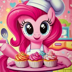 Size: 1024x1024 | Tagged: safe, ai content, derpibooru import, machine learning generated, prompter:meshari17, pinkie pie, earth pony, pony, bakery, chef's hat, cupcake, female, food, hat, image, jpeg, looking at you, smiling, solo, spoon