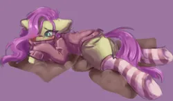Size: 2708x1580 | Tagged: safe, artist:julielist, derpibooru import, fluttershy, pegasus, pony, butt, clothes, female, floppy ears, flutterbutt, hair over one eye, image, lying down, mare, plot, png, prone, purple background, simple background, socks, solo, striped socks, sweater, sweatershy
