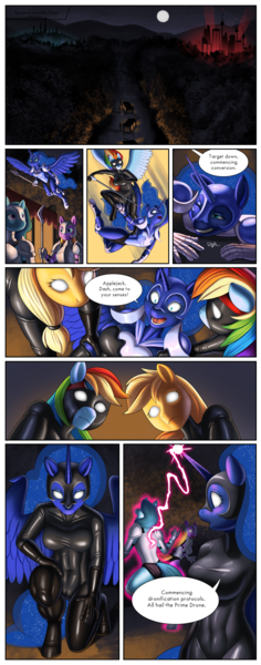 Size: 2490x6341 | Tagged: questionable, artist:syberfab, derpibooru import, applejack, princess luna, rainbow dash, oc, alicorn, anthro, earth pony, pegasus, unguligrade anthro, comic:rise of the drone empire, armor, armored pony, assimilation, attack, blank eyes, blast, bodysuit, boots, breasts, busty princess luna, busty rainbow dash, cameltoe, captured, caravan, carriage, city, clothes, comic, commission, dialogue, dropkick, female, females only, fetish, fleeing, flying, forest, g4, gloves, glow, glowing eyes, goggles, goggles on head, gritted teeth, guard, helmet, high res, image, kneeling, latex, latex boots, latex fetish, latex gloves, latex suit, liquid latex, living latex, long gloves, magic, magic beam, magic blast, midair, mind control, narration, nature, night, no pupils, one eye closed, open mouth, pinpoint eyes, png, restrained, rubber, rubber boots, rubber drone, rubber gloves, rubber suit, shiny, shoes, skintight clothes, spear, speech bubble, story included, teeth, thigh boots, tight clothing, transformation, tree, weapon