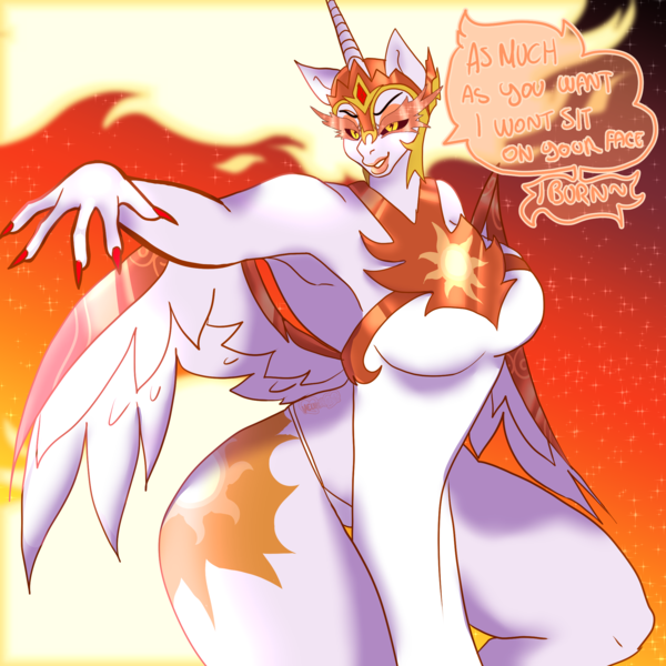 Size: 2100x2100 | Tagged: suggestive, artist:velveteenie, derpibooru import, daybreaker, alicorn, anthro, pony, bedroom eyes, big breasts, breasts, busty daybreaker, clothes, dialogue, dress, female, high res, image, implied facesitting, lips, lipstick, mare, panties, png, side slit, solo, solo female, speech bubble, thighs, thunder thighs, underwear, wide hips