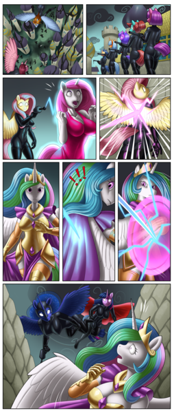 Size: 2463x5821 | Tagged: questionable, semi-grimdark, artist:syberfab, derpibooru import, fluttershy, princess celestia, princess luna, twilight sparkle, twilight sparkle (alicorn), oc, alicorn, anthro, earth pony, pegasus, unguligrade anthro, unicorn, comic:rise of the drone empire, armor, assimilation, blank eyes, blast, bodysuit, boob socks, boots, breasts, busty fluttershy, busty oc, busty princess celestia, butt, cameltoe, canterlot, cape, castle, city, cleavage, clothes, comic, commission, crown, dress, ear piercing, earring, emanata, erect nipples, exclamation point, female, females only, fetish, flutterbutt, flying, frown, gloves, glow, glowing eyes, gun, helmet, high res, image, jewelry, latex, latex boots, latex fetish, latex gloves, latex suit, liquid latex, living latex, long gloves, looking back, magic, magic beam, magic blast, mind control, nipple outline, no pupils, open mouth, piercing, pinpoint eyes, png, ray gun, regalia, rifle, rubber boots, rubber drone, rubber gloves, rubber suit, shield, shiny, shocked, shoes, skintight clothes, story included, thigh boots, tight clothing, tower, transformation, weapon, writer:zylogaroh