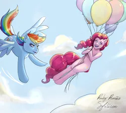 Size: 1444x1298 | Tagged: safe, artist:sleepypiggies, derpibooru import, pinkie pie, rainbow dash, earth pony, pegasus, pony, balloon, cloud, female, floating, flying, g4, image, jpeg, sky, then watch her balloons lift her up to the sky