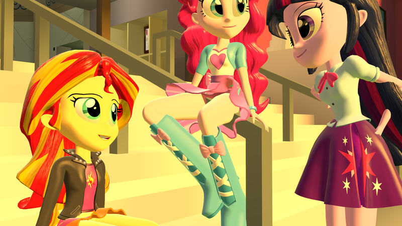 Size: 2048x1152 | Tagged: safe, artist:gaelgaming1, derpibooru import, pinkie pie, sunset shimmer, twilight sparkle, human, equestria girls, rainbow rocks, 3d, female, image, png, scene interpretation, source filmmaker