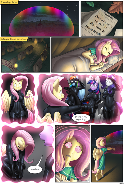 Size: 3600x5300 | Tagged: questionable, semi-grimdark, artist:syberfab, derpibooru import, fluttershy, rainbow dash, rarity, twilight sparkle, twilight sparkle (alicorn), alicorn, anthro, pegasus, unguligrade anthro, unicorn, comic:rise of the drone empire, absurd resolution, assimilation, blank eyes, bodysuit, boob socks, boots, breasts, bubble, busty fluttershy, busty rainbow dash, busty rarity, busty twilight sparkle, cameltoe, camp, captured, clothes, comic, commission, cot, dialogue, dream, erect nipples, female, females only, fetish, floppy ears, force field, g4, gloves, glow, glowing eyes, image, kneeling, latex, latex boots, latex fetish, latex gloves, latex suit, living latex, long gloves, mind control, narration, newspaper, night, nightgown, nipple outline, no pupils, outdoors, png, ponyville, refugee, rubber, rubber boots, rubber drone, rubber gloves, rubber suit, salute, shiny, shoes, skintight clothes, sleeping, sleepwalking, speech bubble, story included, swirly eyes, tent, thigh boots, throne, tight clothing, transformation, wing hole, writer:zylogaroh