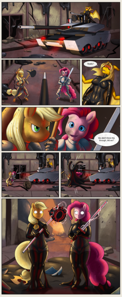 Size: 2538x6157 | Tagged: questionable, semi-grimdark, artist:syberfab, derpibooru import, applejack, pinkie pie, oc, oc:dream searcher, anthro, dragon, earth pony, unguligrade anthro, comic:rise of the drone empire, armor, armored pony, assimilation, blank eyes, bodysuit, boob socks, boots, breasts, busty applejack, busty oc, busty pinkie pie, cameltoe, captured, clothes, comic, commission, destruction, dialogue, female, females only, fetish, g4, gloves, glow, glowing eyes, gun, hammer, high res, image, latex, latex boots, latex fetish, latex gloves, latex suit, liquid latex, living latex, long gloves, machine gun, manehattan, mind control, no pupils, png, rubber, rubber boots, rubber drone, rubber gloves, rubber suit, shiny, shoes, skintight clothes, speech bubble, story included, street, sword, tank (vehicle), thigh boots, tight clothing, transformation, tumbleweed, visor, war hammer, weapon