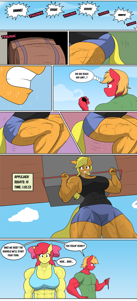 Size: 3732x8213 | Tagged: safe, artist:matchstickman, derpibooru import, apple bloom, applejack, big macintosh, anthro, earth pony, plantigrade anthro, pony, tumblr:where the apple blossoms, abs, apple bloom's bow, apple brawn, apple siblings, apple sisters, applebucking thighs, applejacked, barrel, biceps, bow, breasts, brother and sister, busty apple bloom, busty applejack, clothes, comic, deltoids, dialogue, female, g4, great macintosh, grin, hair bow, image, male, mare, matchstickman's apple brawn series, muscles, muscular female, muscular male, nervous, nervous grin, pecs, png, shirt, siblings, sisters, smiling, speech bubble, squatting, stallion, stopwatch, sweat, thighs, thunder thighs, trio, tumblr comic