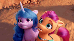 Size: 640x360 | Tagged: safe, derpibooru import, screencap, izzy moonbow, sunny starscout, earth pony, pony, unicorn, g5, my little pony: a new generation, animated, cute, freaking out, gif, image, izzybetes, scared, sunnybetes