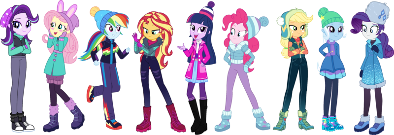 Size: 3539x1212 | Tagged: safe, artist:tylerajohnson352, derpibooru import, applejack, fluttershy, pinkie pie, rainbow dash, rarity, sci-twi, starlight glimmer, sunset shimmer, trixie, twilight sparkle, human, equestria girls, equestria girls series, beanie, clothes, earmufs, female, gloves, hat, humane five, humane seven, humane six, image, jacket, png, scarf, shoes, simple background, smiling, sweater, transparent background, winter hat, winter outfit