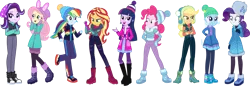 Size: 3539x1212 | Tagged: safe, artist:tylerajohnson352, derpibooru import, applejack, fluttershy, pinkie pie, rainbow dash, rarity, sci-twi, starlight glimmer, sunset shimmer, trixie, twilight sparkle, human, equestria girls, equestria girls series, beanie, clothes, earmufs, female, gloves, hat, humane five, humane seven, humane six, image, jacket, png, scarf, shoes, simple background, smiling, sweater, transparent background, winter hat, winter outfit