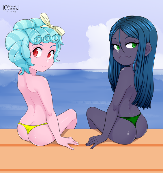 Size: 2500x2655 | Tagged: questionable, artist:oozutsucannon, banned from derpibooru, ponerpics import, ponybooru import, cozy glow, queen chrysalis, equestria girls, beach, bikini, child, clothes, equestria girls-ified, female, hair ribbon, image, lolicon, looking back, panties, partial nudity, png, sitting, smiling, smug, swimsuit, thong, topless, underage, underwear, young, younger