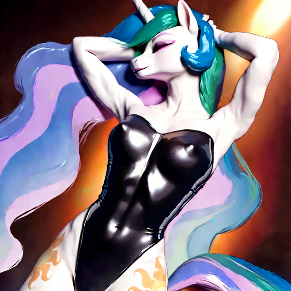 Size: 3000x3000 | Tagged: suggestive, ai content, derpibooru import, machine learning generated, stable diffusion, princess celestia, anthro, abs, arm behind head, aroused, both cutie marks, clothes, dancing, erect nipples, eyes closed, eyeshadow, female, generator:pony diffusion v6 xl, generator:purplesmart.ai, gilf, high res, image, leotard, makeup, milf, nipple outline, png, prompter:yourclopaccount2, seductive pose, sexy, skintight clothes, solo, solo female, sultry pose, toned, toned female